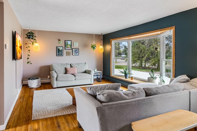 6609 Sumter Ave N, Brooklyn Park, MN 55428 - living room featuring wood finished floors, a textured ceiling, baseboards, a baseboard radiator, and a baseboard heating unit