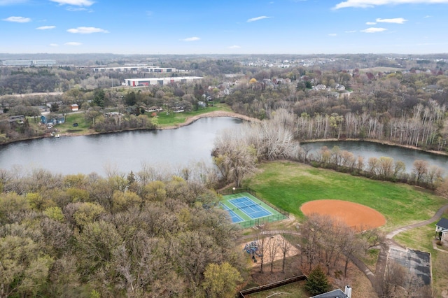 birds eye view of property featuring a water view