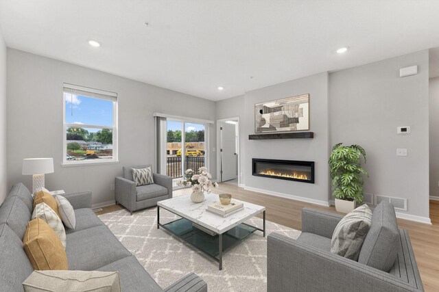 1543 Traverse Ln W, Saint Paul, MN 55118 - living area featuring light wood-type flooring, a glass covered fireplace, baseboards, and recessed lighting