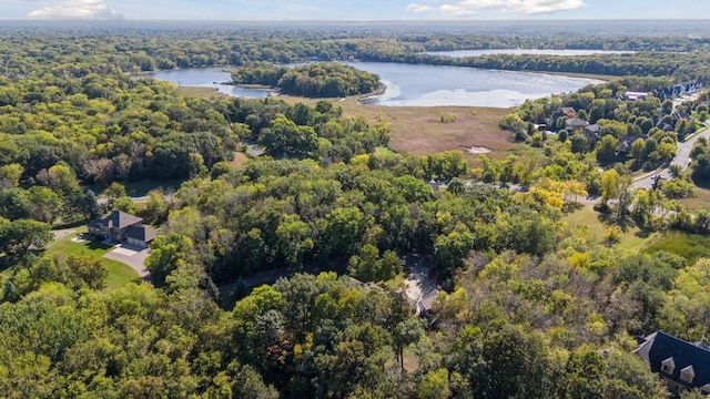 bird's eye view with a water view and a view of trees