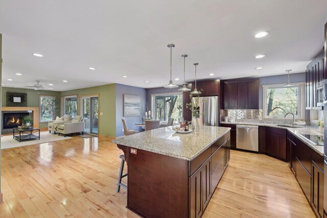 1811 Lake Lucy Ln, Chanhassen, MN 55331 - kitchen featuring stainless steel appliances, a sink, ceiling fan, decorative light fixtures, and light wood-style flooring