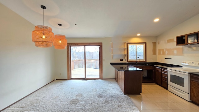 14291 92nd Ave N, Maple Grove, MN 55369 - kitchen with dark countertops, a sink, a peninsula, electric stove, and recessed lighting