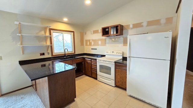 14291 92nd Ave N, Maple Grove, MN 55369 - kitchen featuring a sink, white appliances, a peninsula, recessed lighting, and vaulted ceiling