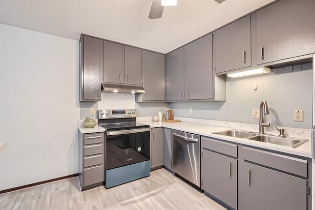 2495 Canabury Dr Unit 220, Little Canada, MN 55117 - kitchen with appliances with stainless steel finishes, a sink, gray cabinets, light wood-type flooring, and under cabinet range hood