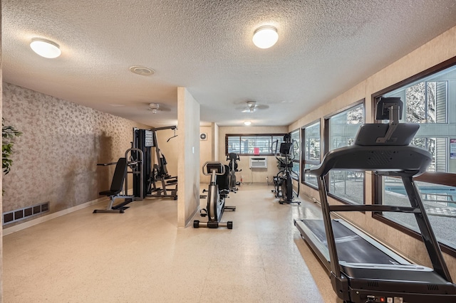 2495 Canabury Dr Unit 220, Little Canada, MN 55117 - exercise room with a textured ceiling, visible vents, wallpapered walls, and baseboards