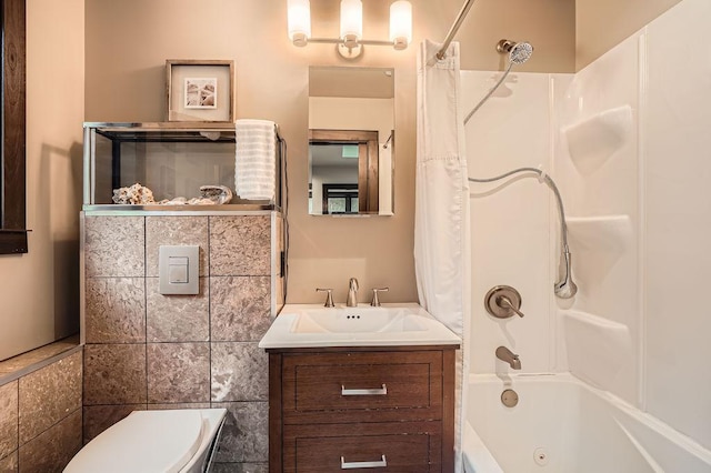 bathroom with shower / tub combo, toilet, and vanity