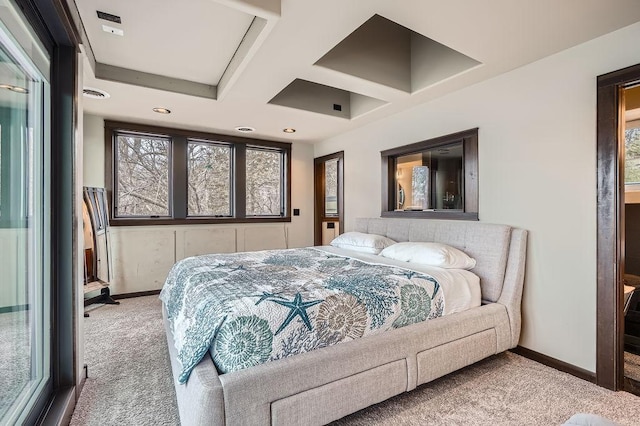 bedroom featuring baseboards, coffered ceiling, and carpet floors