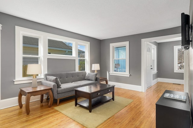 living area featuring baseboards and light wood-style floors