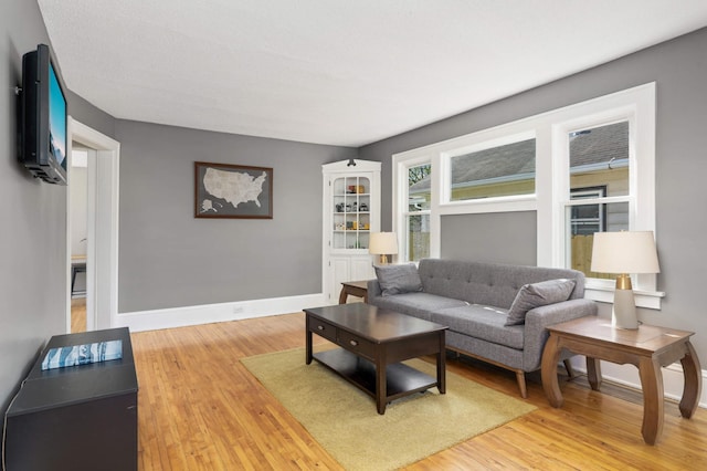 living room with baseboards and light wood-style floors