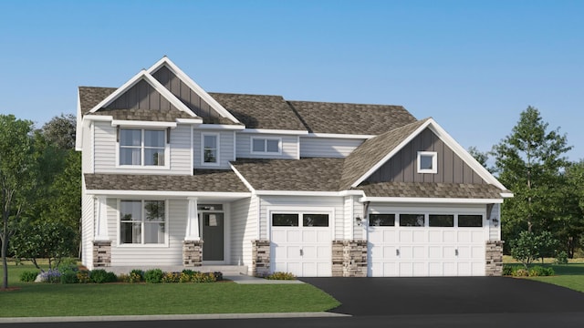 craftsman inspired home featuring board and batten siding, an attached garage, driveway, and stone siding