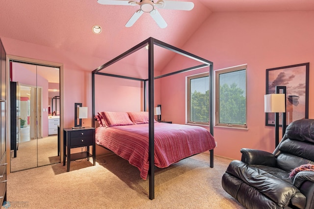bedroom with carpet flooring, a ceiling fan, and lofted ceiling