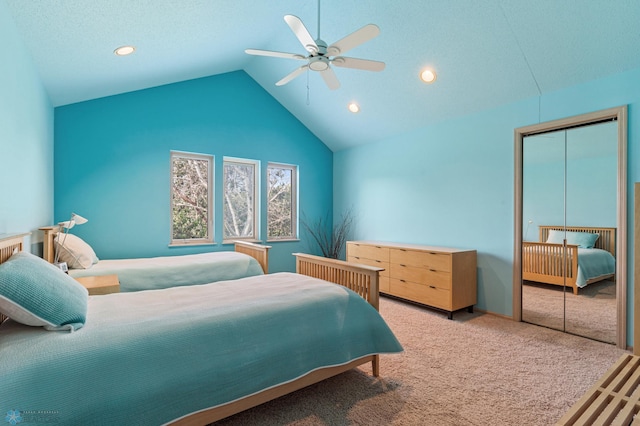 carpeted bedroom with a ceiling fan, high vaulted ceiling, and recessed lighting