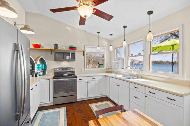 21370 654th Ave, Darwin, MN 55324 - kitchen featuring stainless steel appliances, lofted ceiling, open shelves, a sink, and dark wood-type flooring
