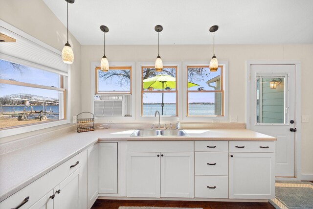 21370 654th Ave, Darwin, MN 55324 - kitchen with a sink, healthy amount of natural light, white cabinetry, and hanging light fixtures