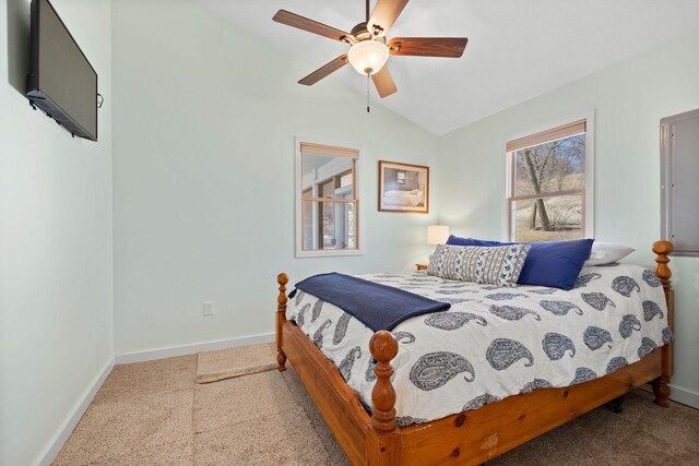 21370 654th Ave, Darwin, MN 55324 - bedroom featuring baseboards, carpet, vaulted ceiling, and ceiling fan
