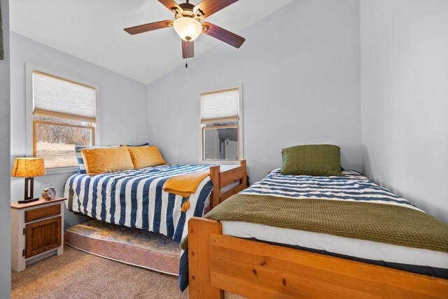 21370 654th Ave, Darwin, MN 55324 - bedroom featuring lofted ceiling, light colored carpet, and ceiling fan