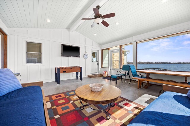 21370 654th Ave, Darwin, MN 55324 - living area featuring wood ceiling, a ceiling fan, finished concrete floors, and recessed lighting
