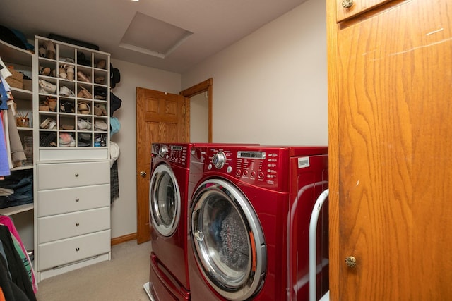 32337 Juniper Rd, Chatfield, MN 55923 - laundry area featuring washer and clothes dryer, carpet floors, and attic access