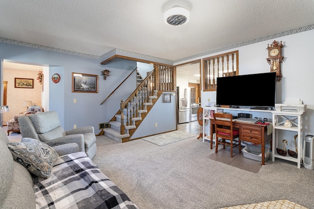 6200 37th St W, Webster, MN 55088 - living room with stairway, light colored carpet, a textured ceiling, and crown molding