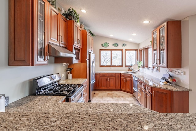kitchen featuring appliances with stainless steel finishes, light stone counters, a sink, brown cabinetry, and under cabinet range hood