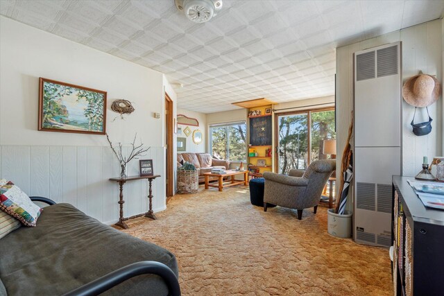 carpeted living room featuring a heating unit