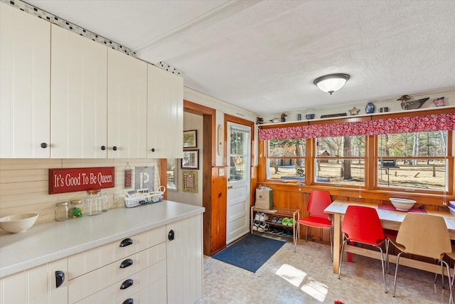 kitchen featuring plenty of natural light, light floors, light countertops, and white cabinets