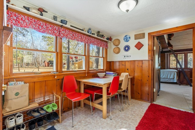 dining space with wood walls, plenty of natural light, tile patterned floors, wainscoting, and a textured ceiling