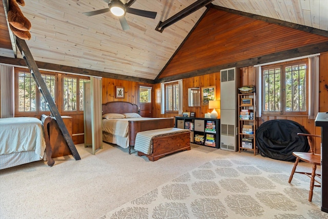 carpeted bedroom featuring wood ceiling and wood walls