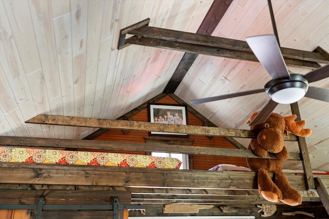detailed view of wooden ceiling, beam ceiling, and wooden walls
