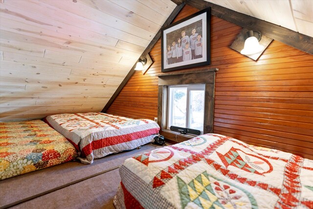 bedroom with wood walls, lofted ceiling, carpet, and wooden ceiling