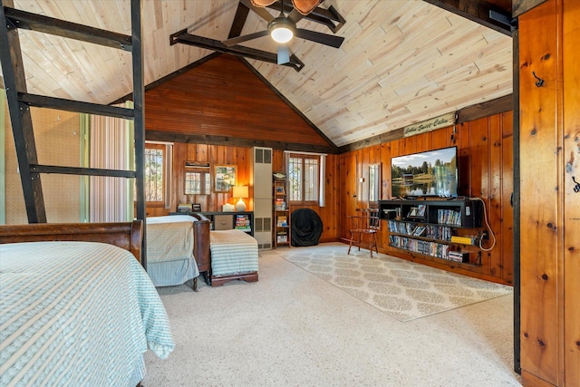 bedroom featuring wooden ceiling, vaulted ceiling, and wood walls
