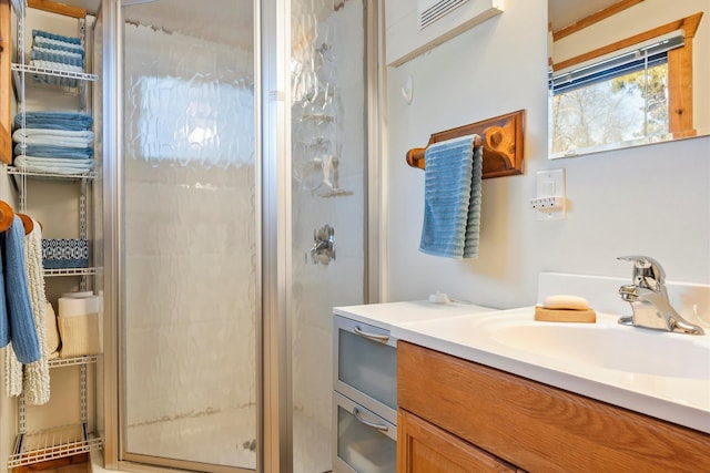 bathroom with a shower stall and vanity
