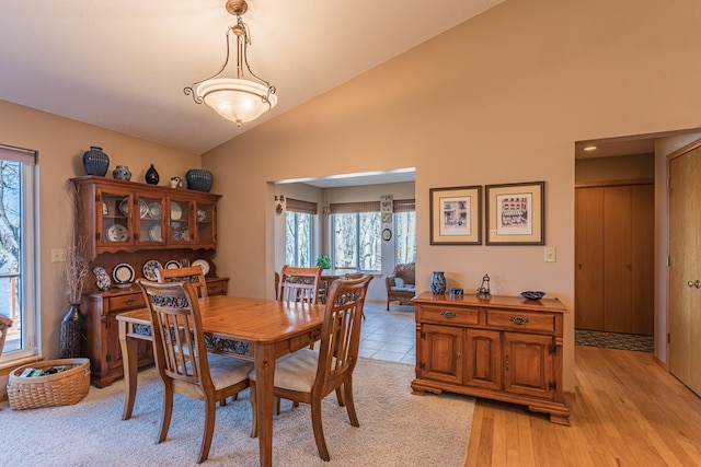 48987 Tamarac Dr, Scambler Twp, MN 56572 - dining room featuring vaulted ceiling, a healthy amount of sunlight, and light wood-style flooring