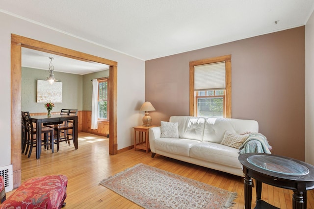 living area featuring hardwood / wood-style floors and baseboards