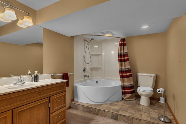 257 Elm Dr, Foley, MN 56329 - full bath featuring stone finish flooring, vanity, and shower / bath combo with shower curtain