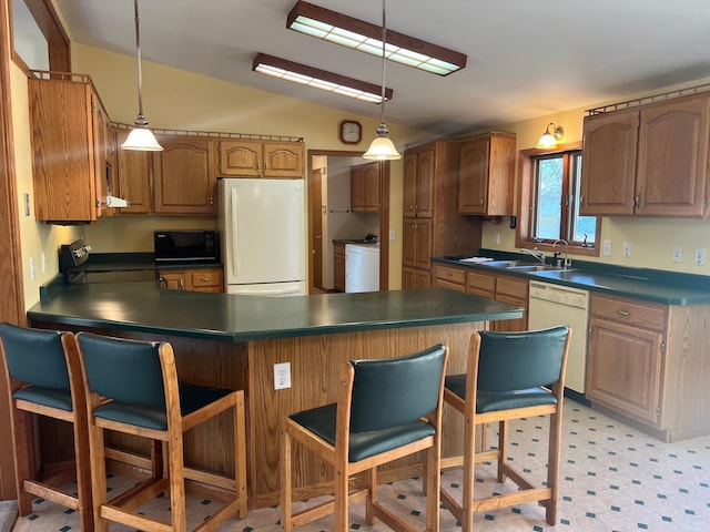 14289 Memorywood Dr, Baxter, MN 56425 - kitchen with white appliances, vaulted ceiling, dark countertops, a sink, and a peninsula