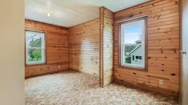carpeted empty room with wood walls