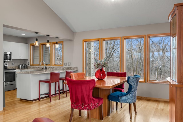 8440 Delaney Ct, Inver Grove Heights, MN 55076 - dining room featuring light wood-style flooring, lofted ceiling, and baseboards