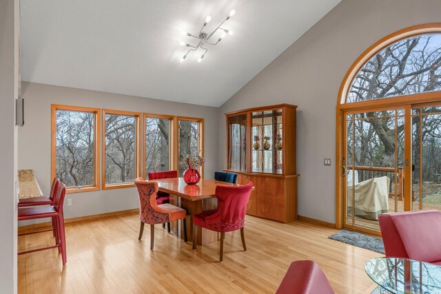 8440 Delaney Ct, Inver Grove Heights, MN 55076 - dining area featuring light wood-style floors, baseboards, and high vaulted ceiling