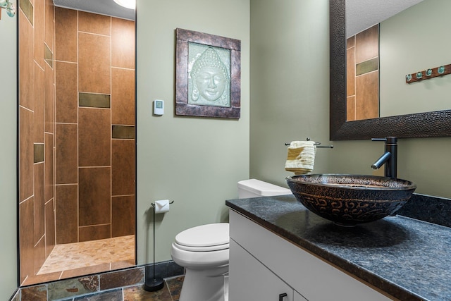 8440 Delaney Ct, Inver Grove Heights, MN 55076 - full bathroom featuring a tile shower, toilet, vanity, and stone finish floors