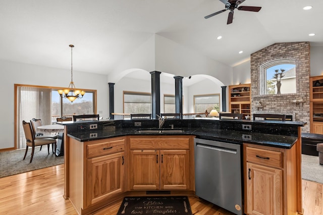 707 Bergman Ct NW, Isanti, MN 55040 - kitchen with ceiling fan with notable chandelier, decorative columns, arched walkways, dishwasher, and a sink