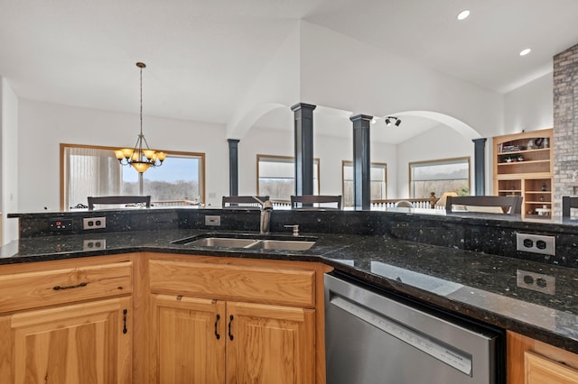 707 Bergman Ct NW, Isanti, MN 55040 - kitchen with ornate columns, dishwasher, a sink, and plenty of natural light
