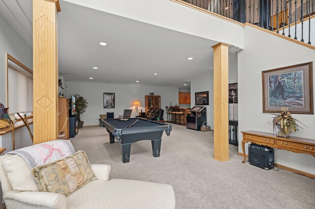 707 Bergman Ct NW, Isanti, MN 55040 - game room featuring crown molding, pool table, ornate columns, recessed lighting, and light carpet