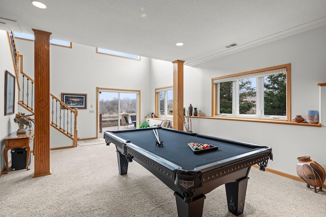 707 Bergman Ct NW, Isanti, MN 55040 - recreation room featuring baseboards, decorative columns, carpet floors, recessed lighting, and pool table