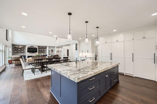 925 Minnesota Ln N, Plymouth, MN 55447 - kitchen with open floor plan, dark wood-style floors, recessed lighting, and white cabinetry