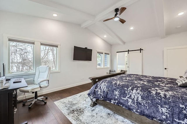 925 Minnesota Ln N, Plymouth, MN 55447 - bedroom featuring a barn door, vaulted ceiling with beams, baseboards, recessed lighting, and dark wood-type flooring