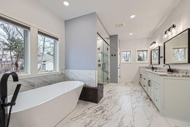925 Minnesota Ln N, Plymouth, MN 55447 - bathroom with marble finish floor, a soaking tub, a sink, and plenty of natural light