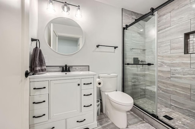 925 Minnesota Ln N, Plymouth, MN 55447 - bathroom featuring marble finish floor, a shower stall, toilet, and vanity