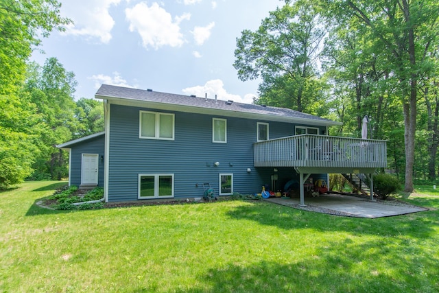 18885 Maryville Rd, Brainerd, MN 56401 - rear view of property featuring a wooden deck, stairs, a patio area, and a lawn
