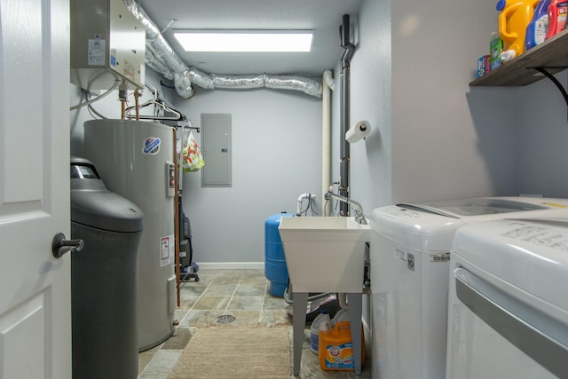 18885 Maryville Rd, Brainerd, MN 56401 - laundry area featuring washing machine and clothes dryer, electric panel, light stone finish flooring, electric water heater, and baseboards